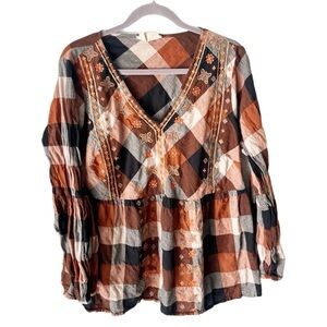 Savanna Jane Top Women's 2X Steal Away Home Embroidered Plaid Bohemian